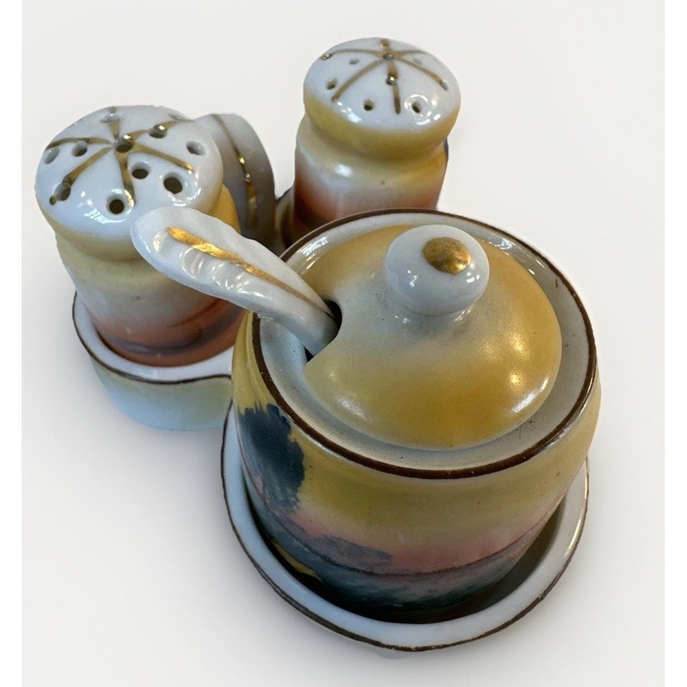 Vintage Japanese Lusterware Condiment Set: Salt Pepper Mustard Pot Spoon Tray